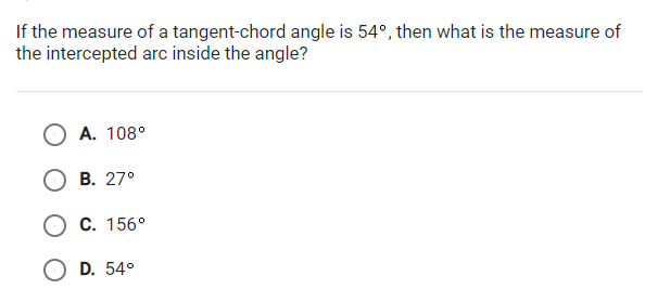 If the measure of a tangent-chard angle is 54\".