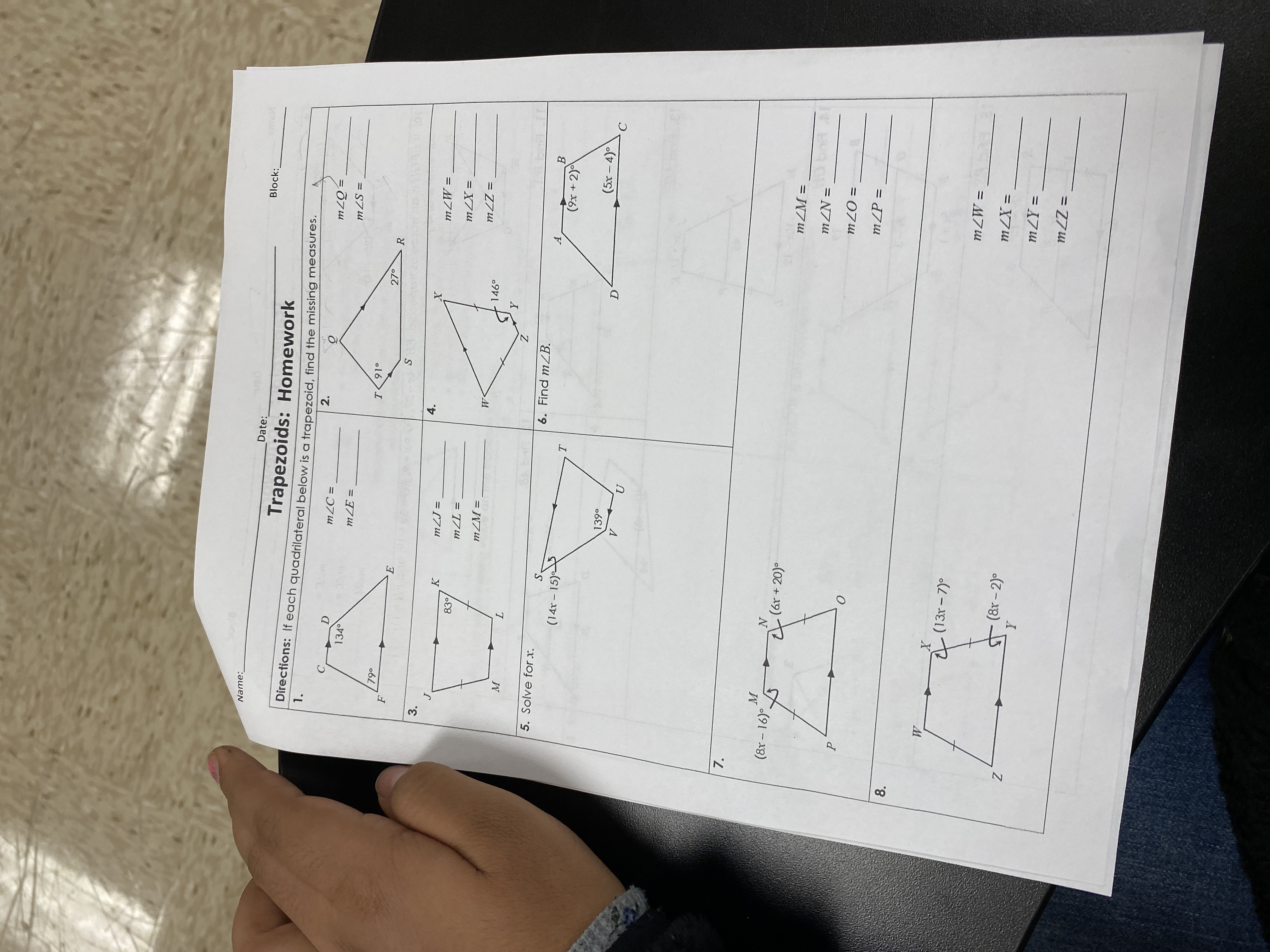 Name : Date : Block: Trapezoids: Homework