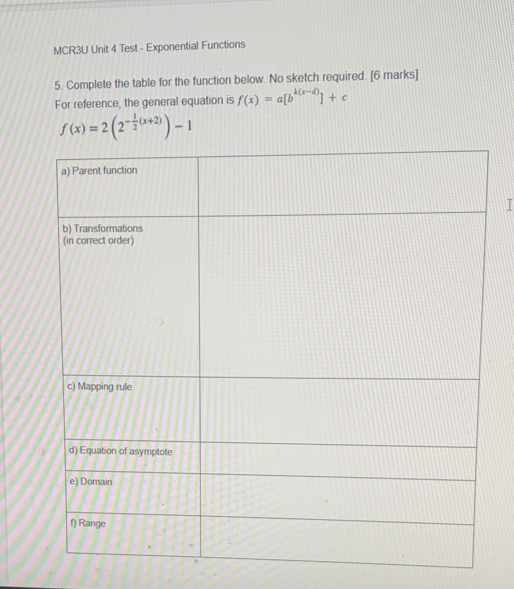 Please answer ASAP MCR3U Unit 4 Test -