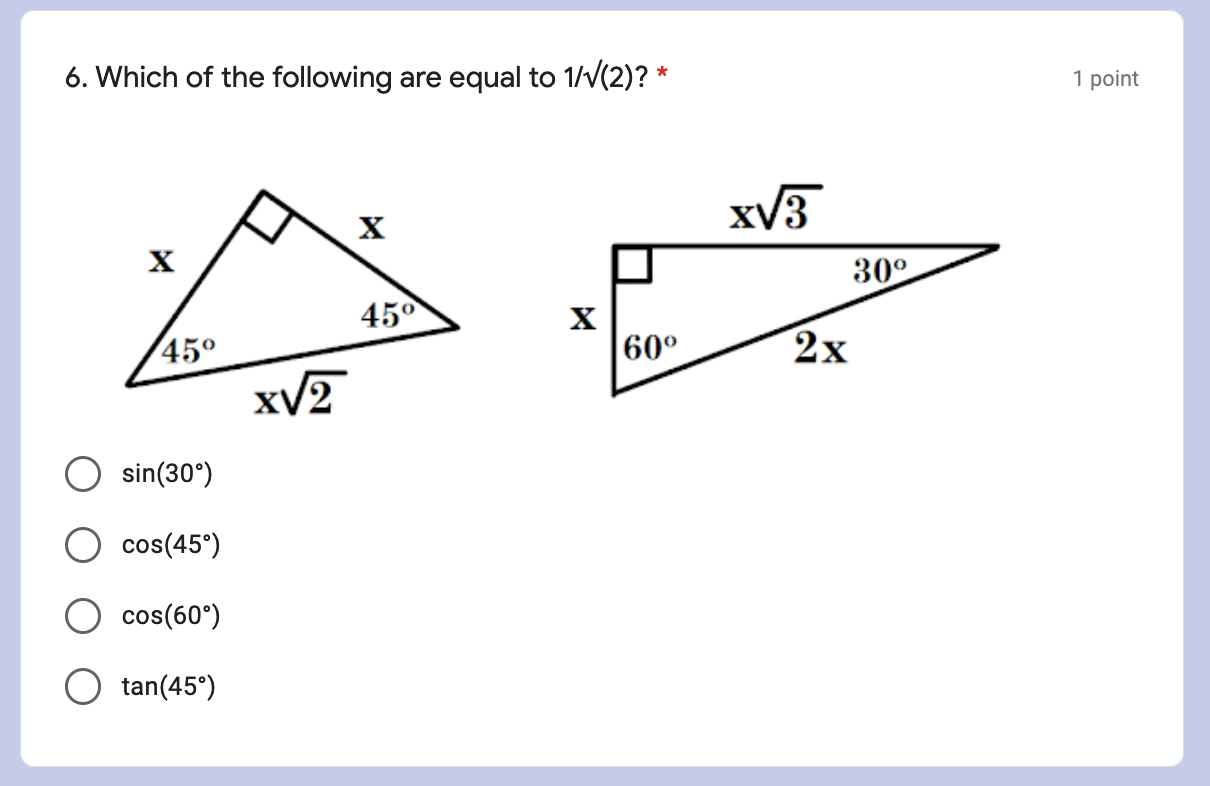 Which of the following are equal to 1/?(2)? 6.