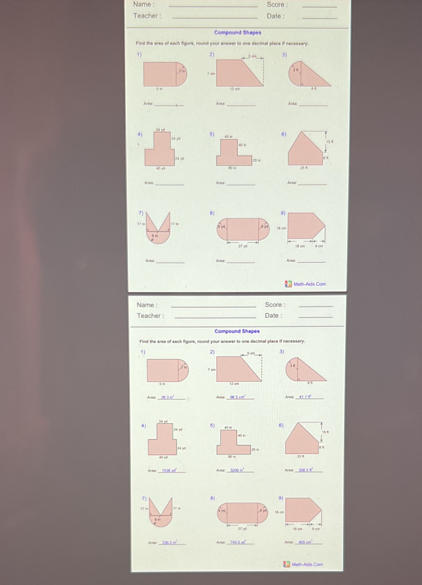 Score : Name : Date Teacher : Compound Shapes