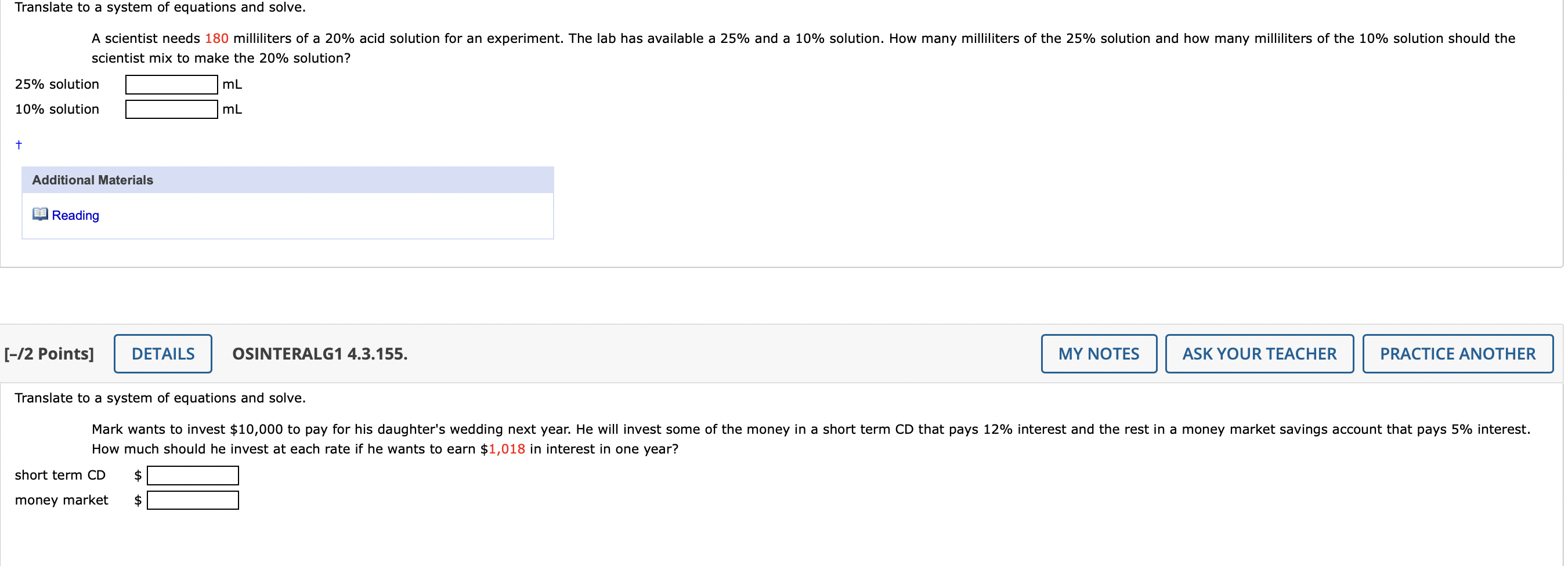 Translate to a system of equations and solve.