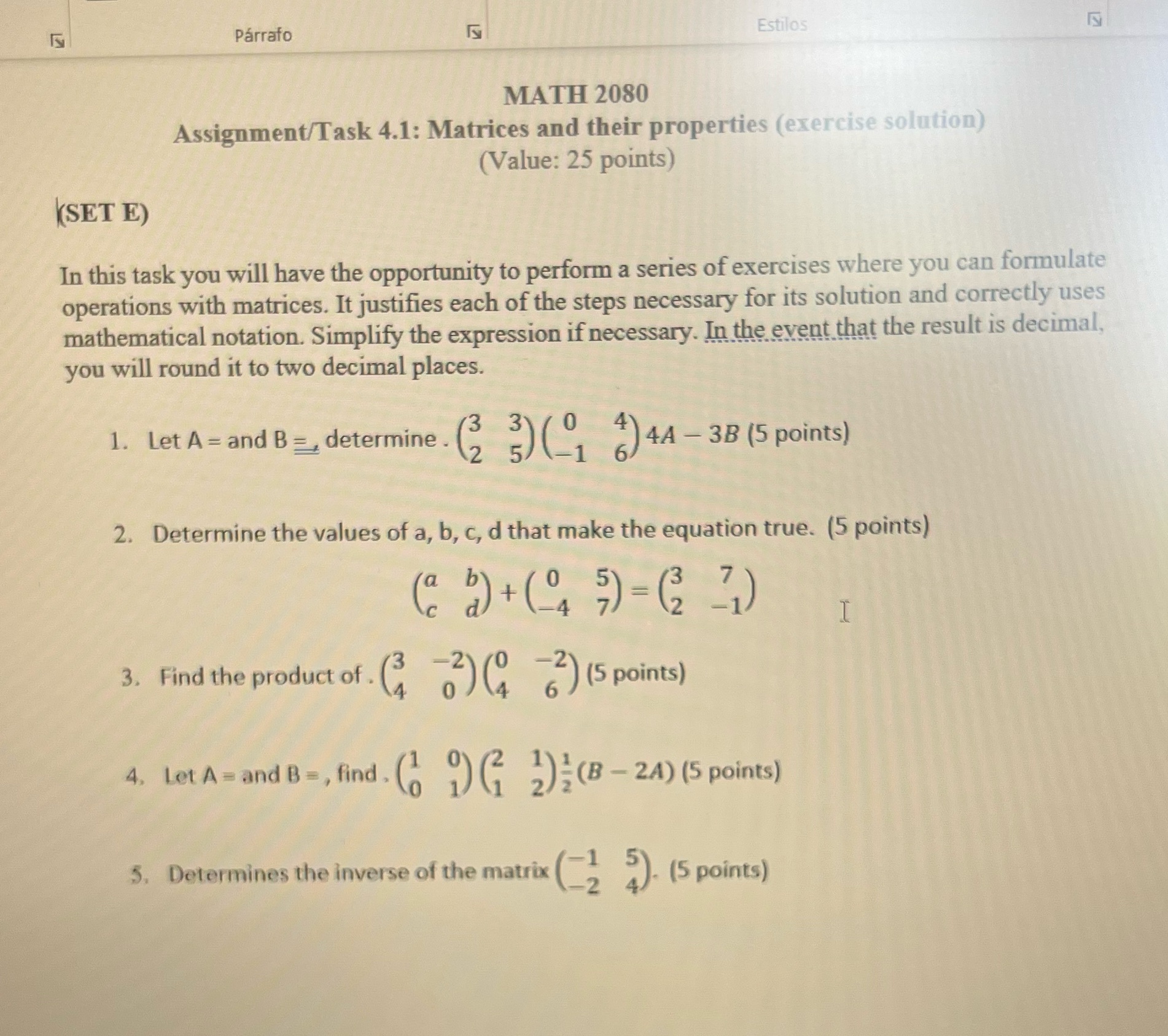 Parrafo Estilos MATH 2080 Assignment/Task 4.1:
