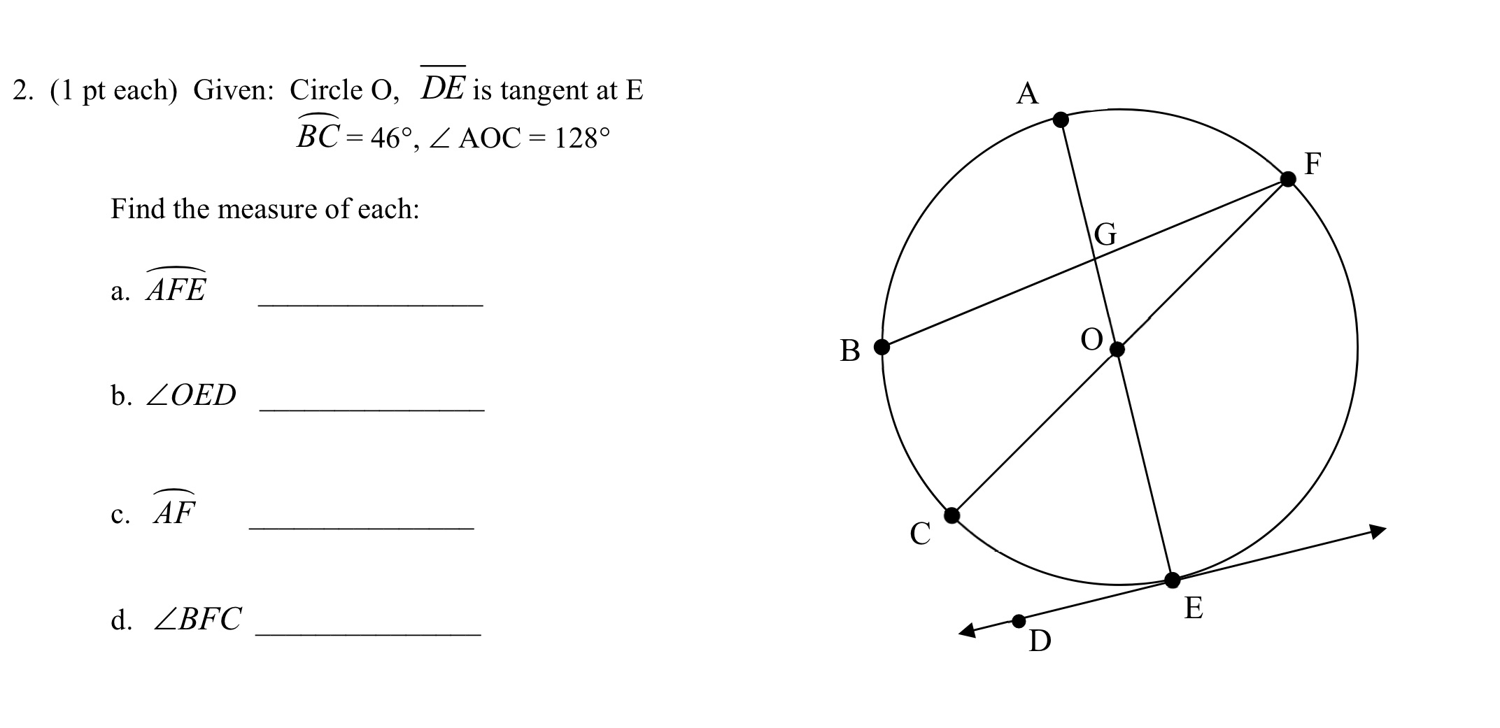 Show work and answer 2. (1 pt each) Given: Circle