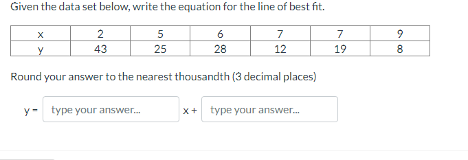 Given the data set below, write the equation for