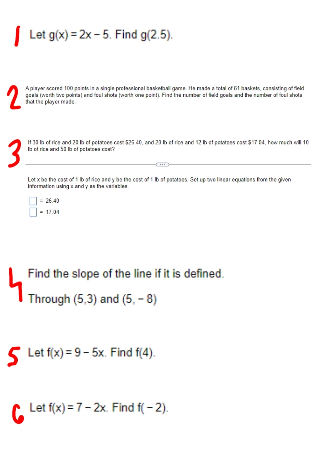 College Algebra [ Let g(x) = 2x - 5. Find g(2.5).