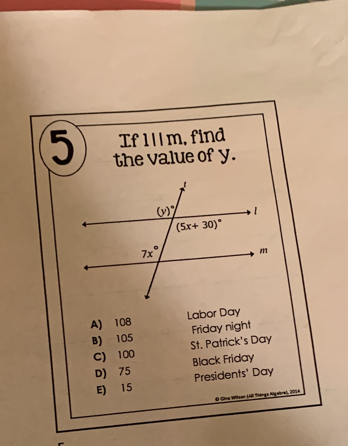 5 If Ill m, find the value of y. ( v ) (5x+ 30)