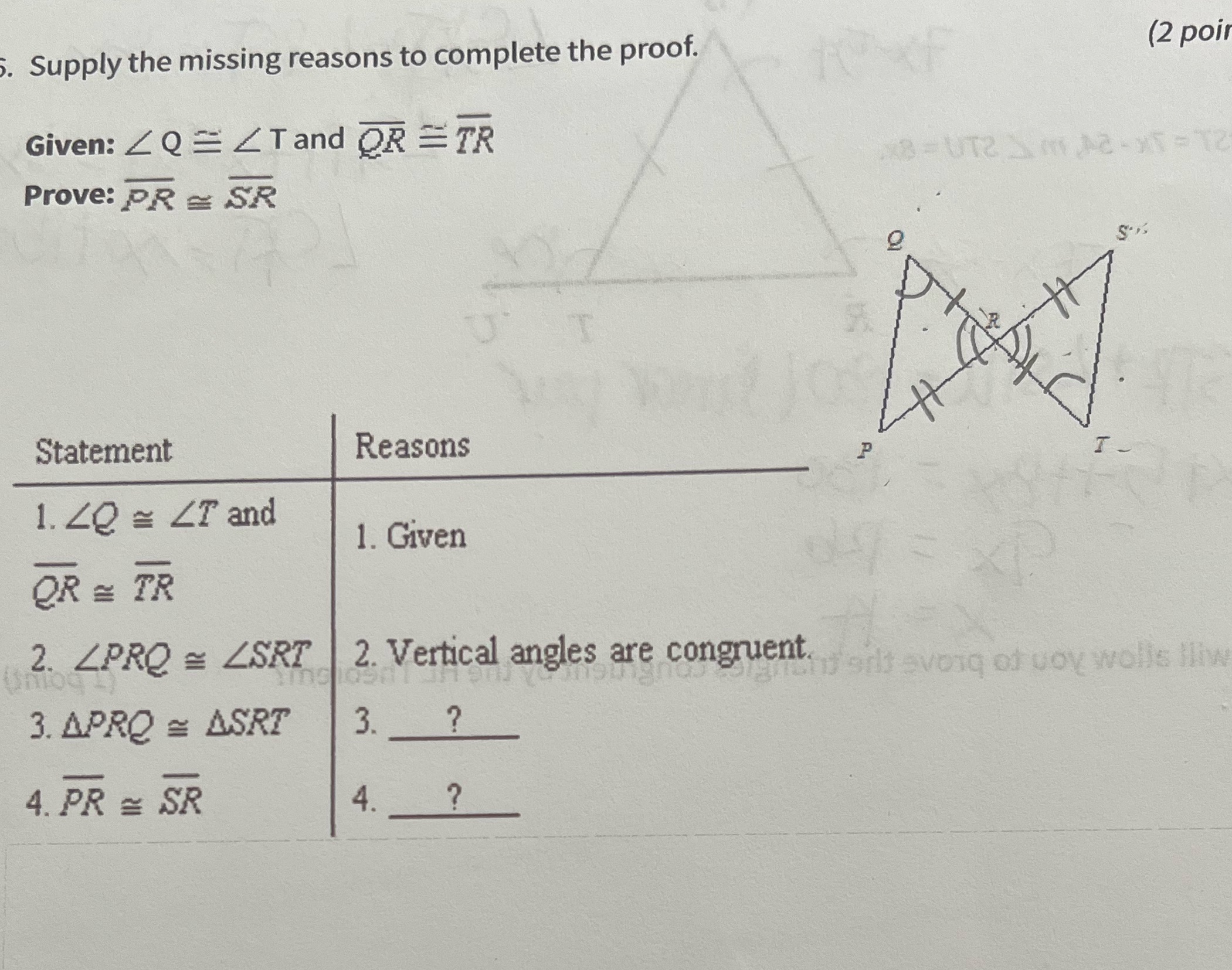 Supply the missing reasons to complete the proof.