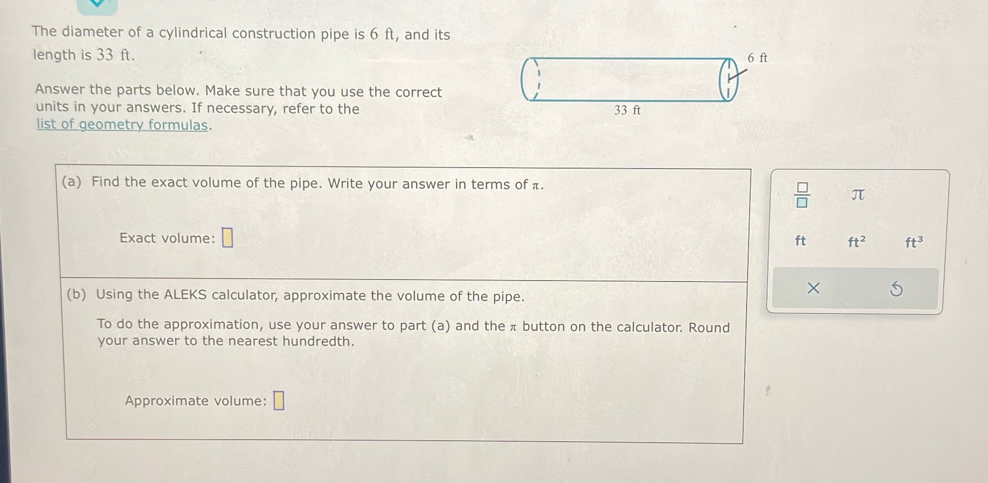 The diameter of a cylindrical construction pipe