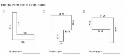 Find the Perimeter of each shape: 1) 2) 25 In 14