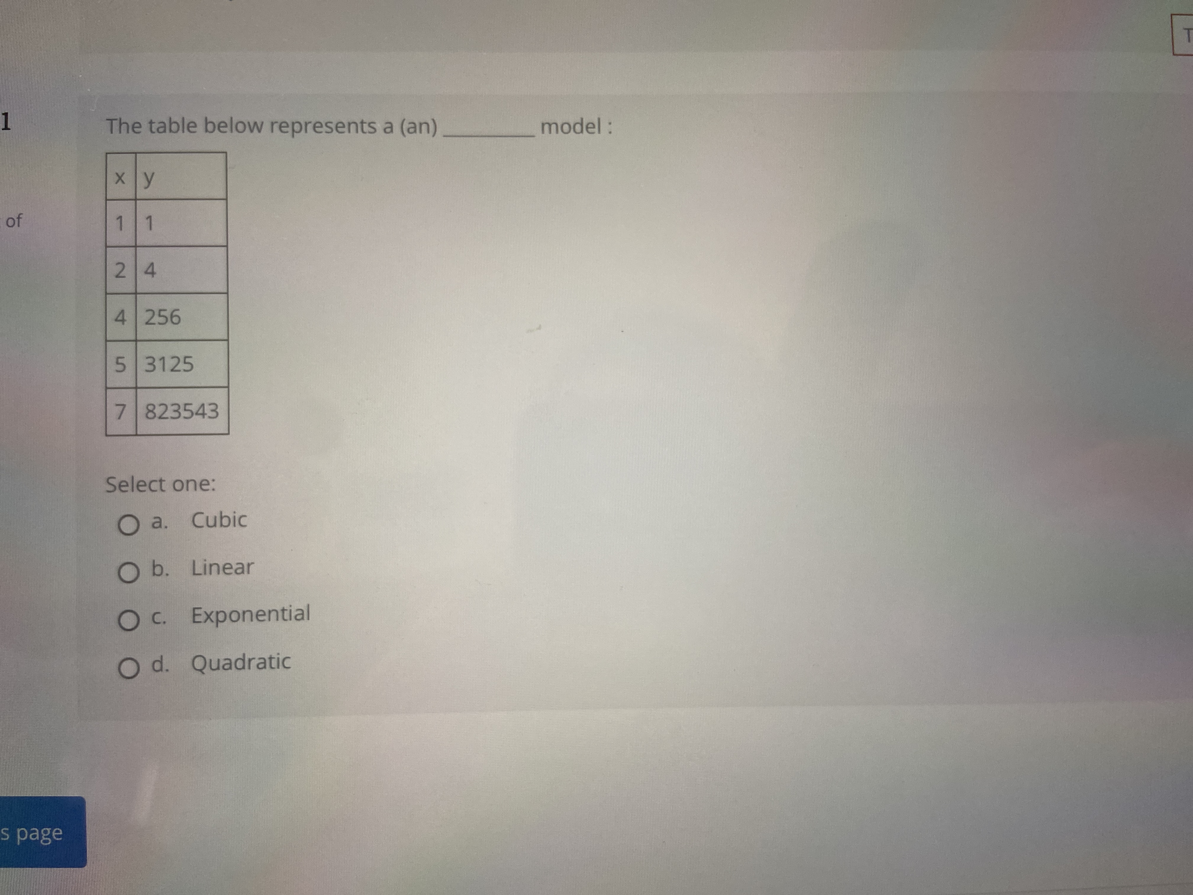 The table below represents a (an) model : X ly of