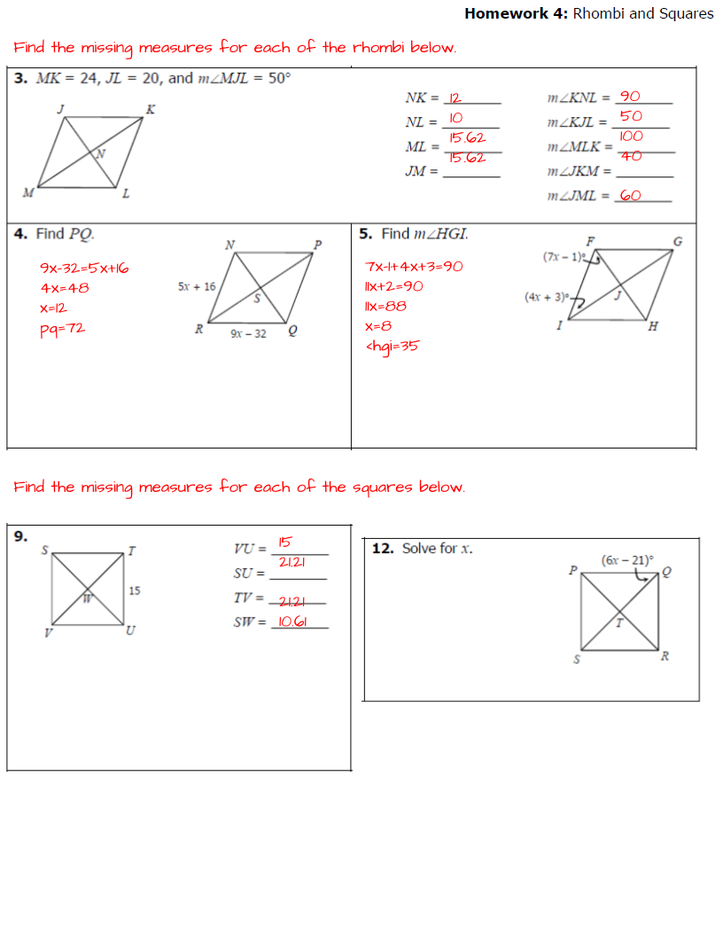Homework 4: Rhombi and Squares Find the missing