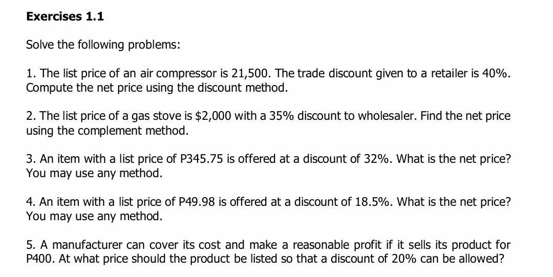 Exercises 1.1 Solve the following problems: 1.
