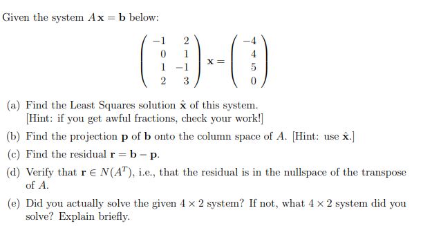 Linear Algebra Given the system Ax = 1) below: 1