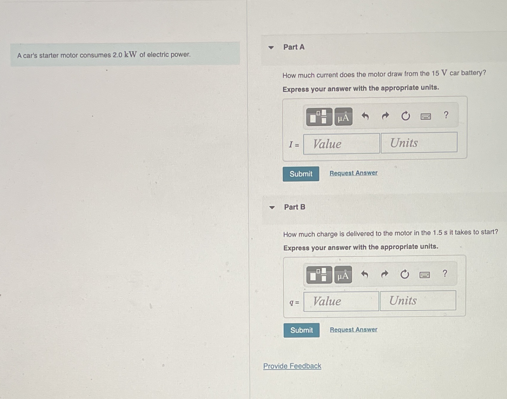 This is Physics Part A A car's starter motor