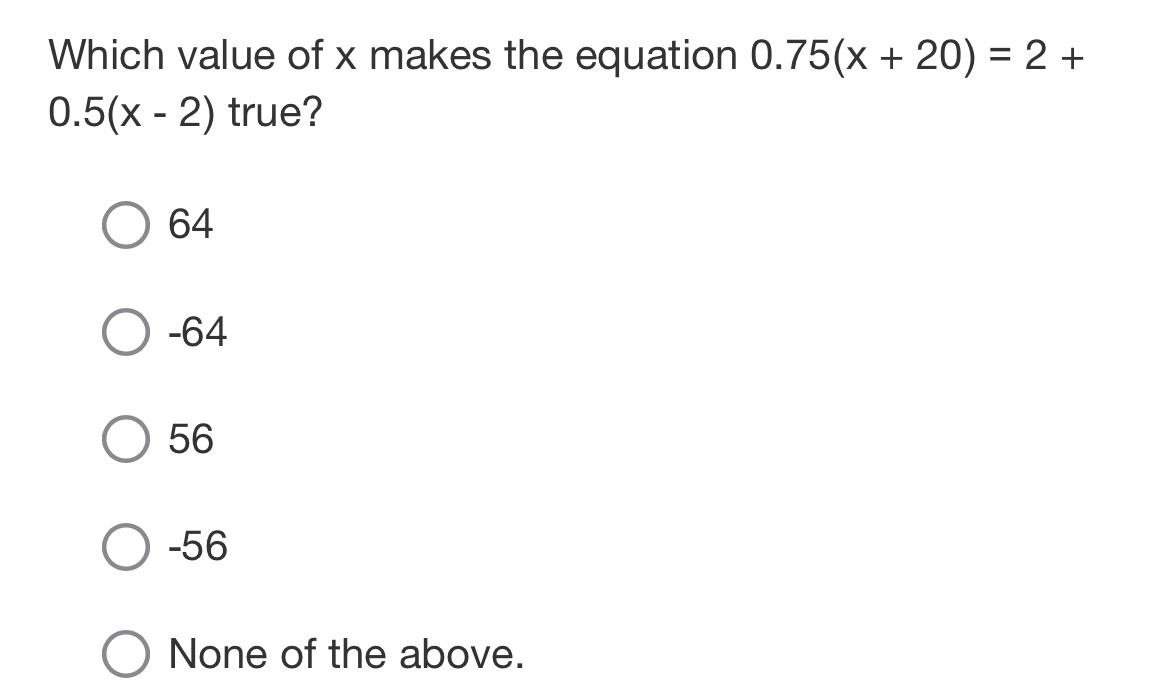 Which value of x makes the equation 0.75(x + 20)