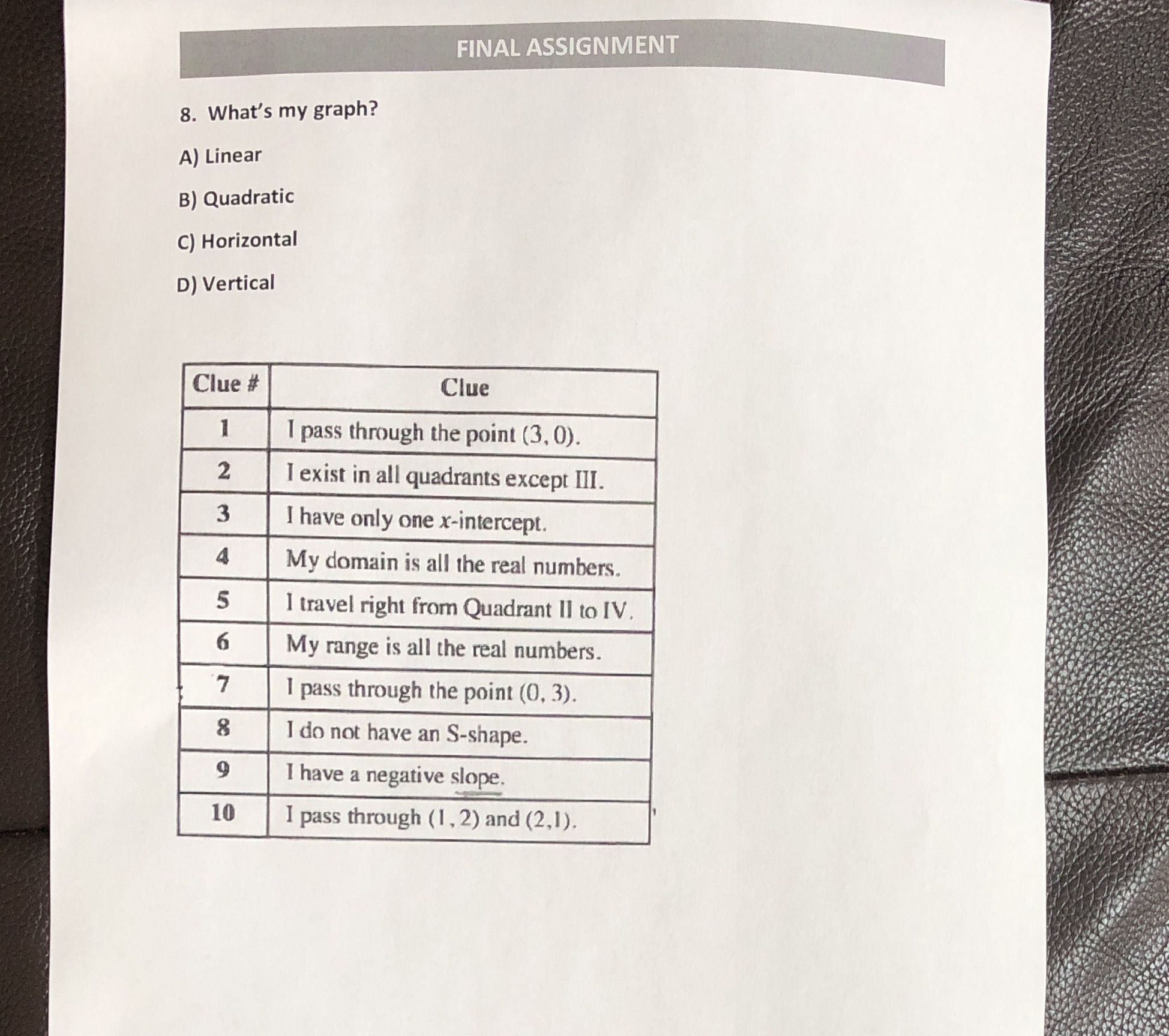 m 8. What's my graph? A) Linear B) Quadratic C)