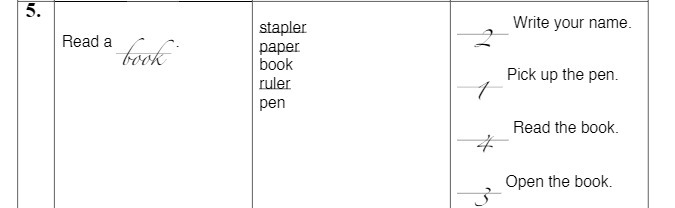 5. stapler Write your name. Read a book paper
