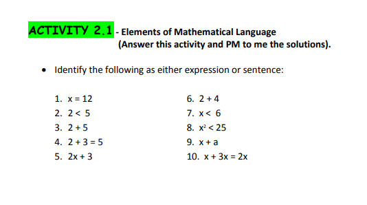 ACTIVITY 2.1 Elements of Mathematical Language