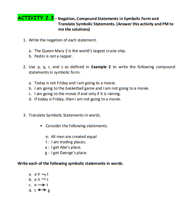ACTIVITY 2.1 Elements of Mathematical Language
