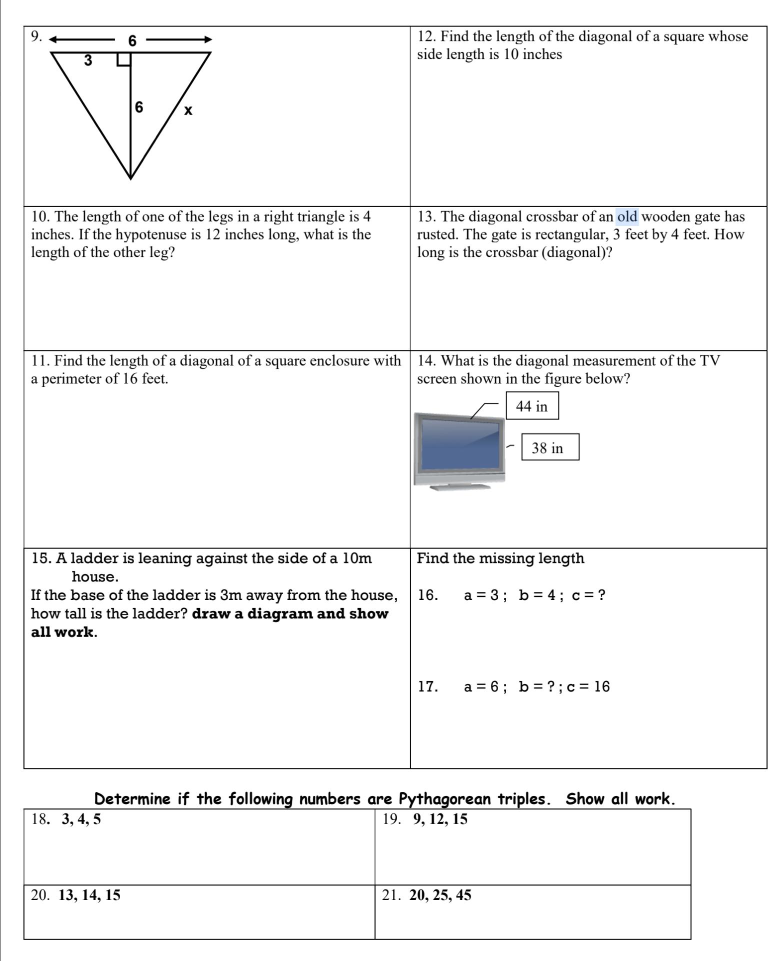 12. Find the length of the diagonal of a square