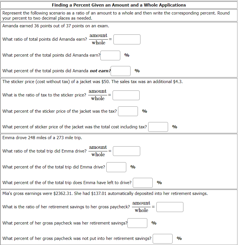 Finding a Percent Given an Amount and a Whole