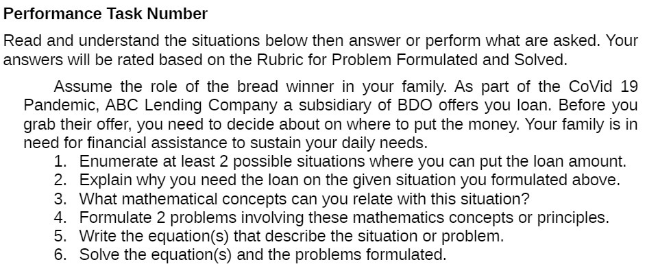 Performance Task Number Read and understand the