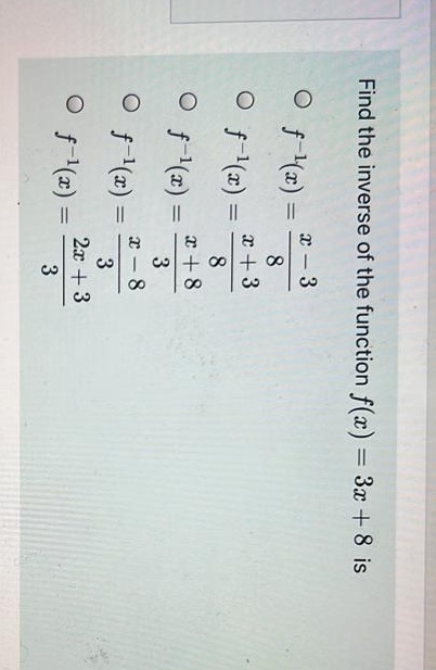 Find the inverse of the function f(x) = 3x + 8 is