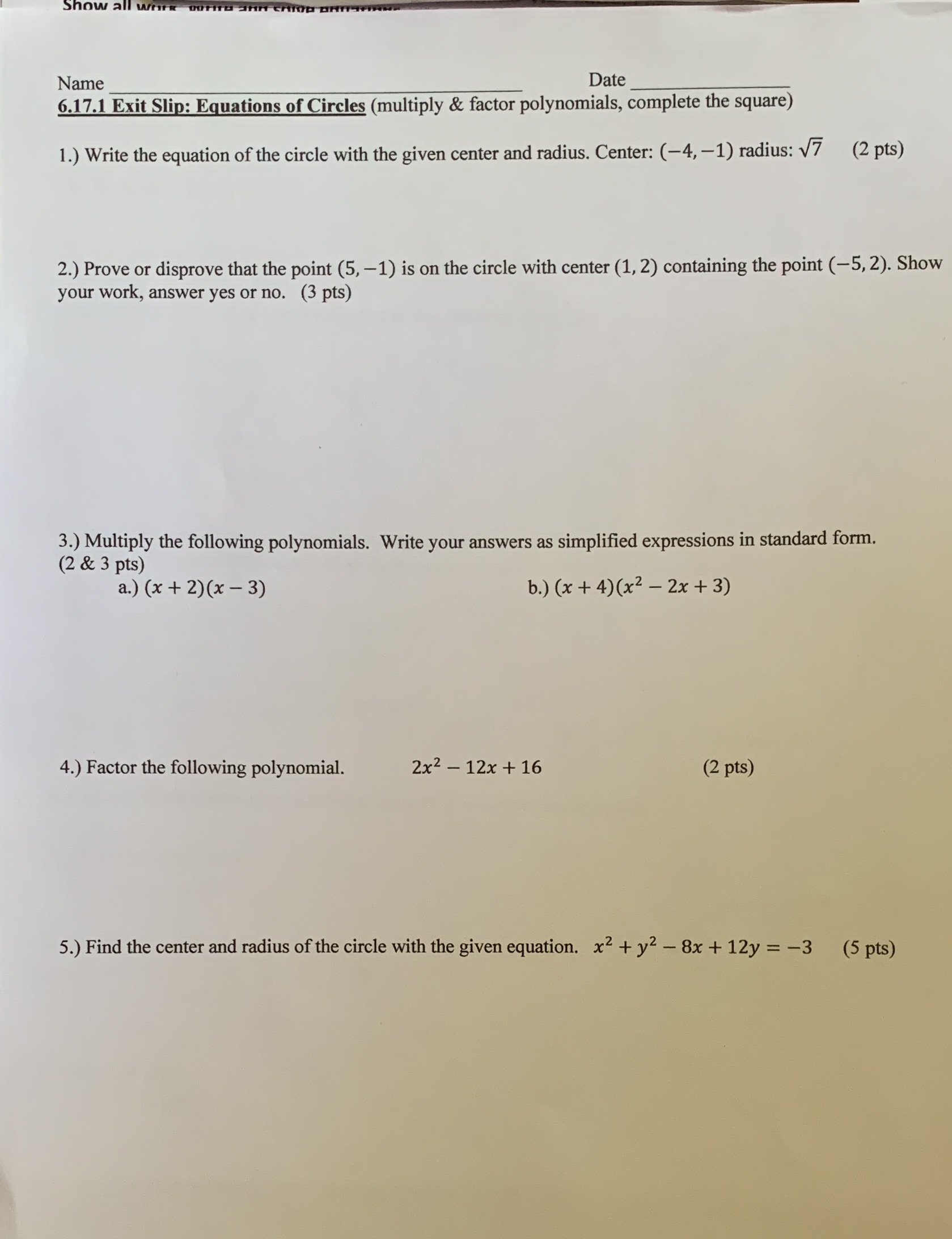 Show all Name Date 6.17.1 Exit Slip: Equations of