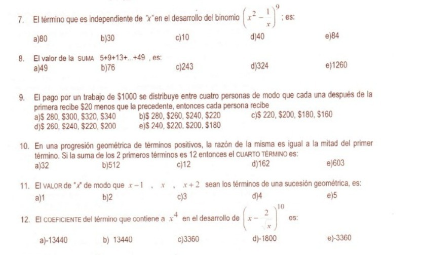 9 7. El termino que es independiente de "x"en el