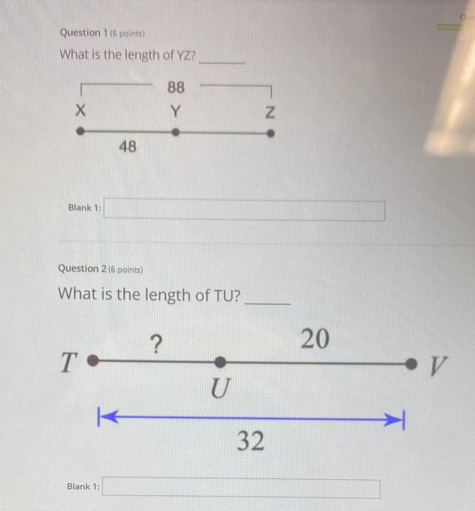 Question 1(6 points What is the length of YZ? 88