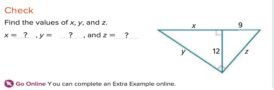 Check Find the values of x, y, and z. x: ? ,y= ?