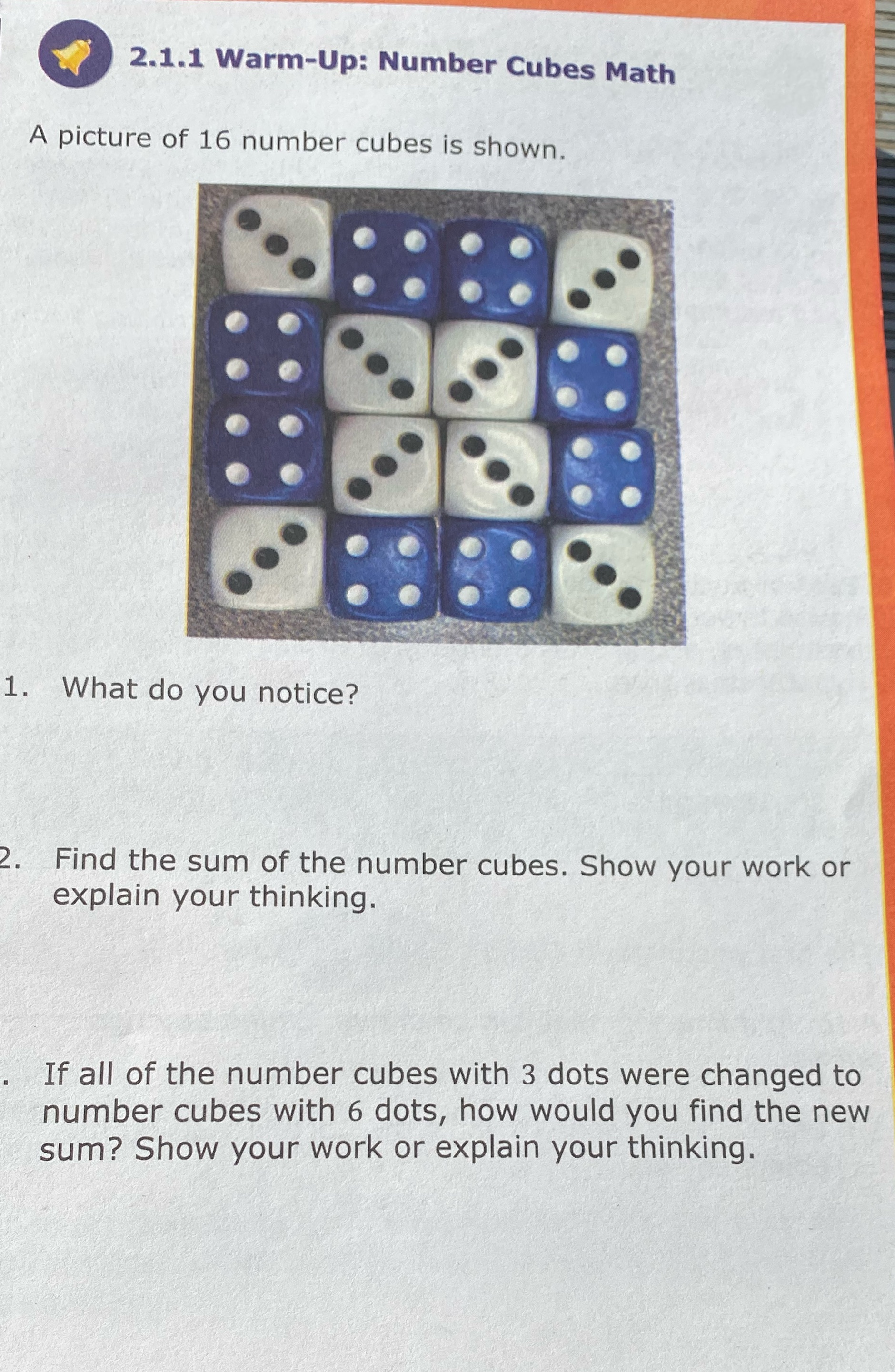 l , 2.1.1 Warm-Up: Number Cubes Math A picture of