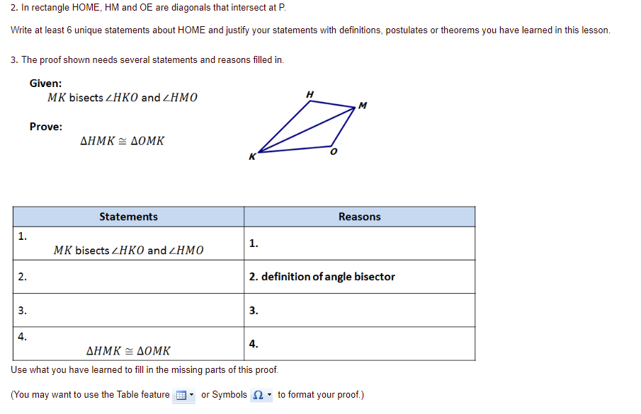 2. In rectangle HOME, HM and OE are diagonals