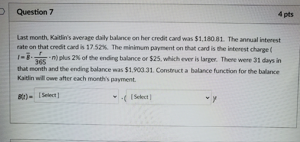 Last month Kaitlin's average daily balance on her