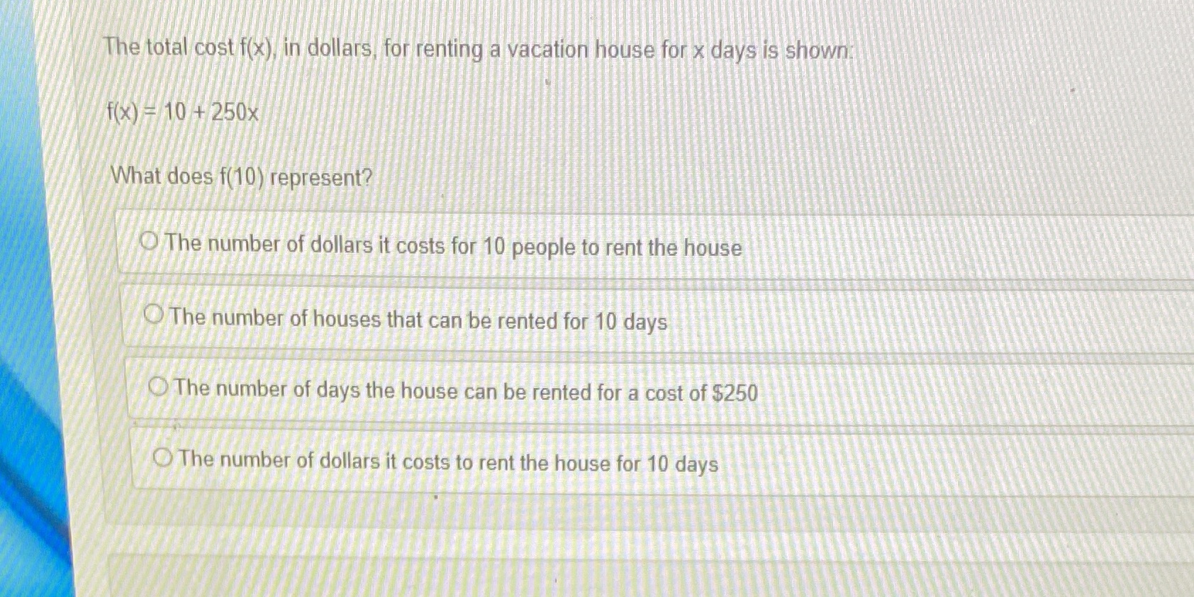 The total cost f(x), in dollars, for renting a