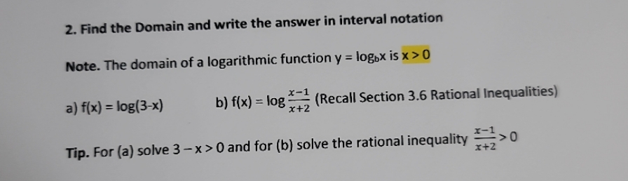 2. Find the Domain and write the answer in