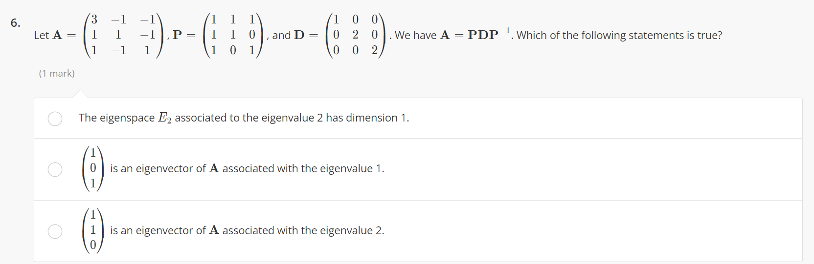 6. NO Let A = 1 P 1 0 , and D = NOO We have A =