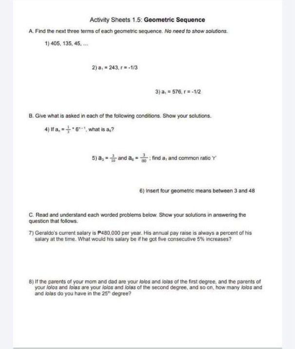 Activity Sheets 1.5: Geometric Sequence A. Find