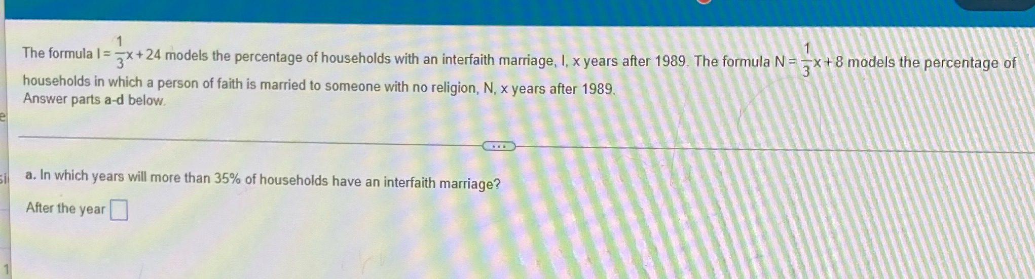 The formula 1= 2x+ 24 models the percentage of