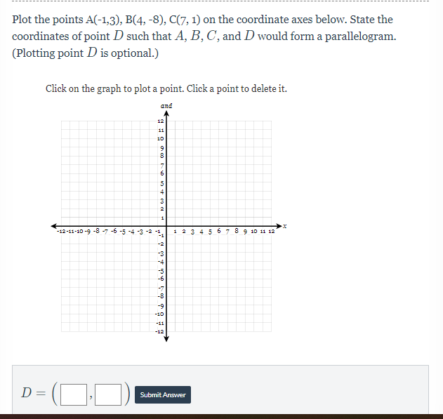 Plot the points A(-1,3), B(4, -8), C(7, 1) on the
