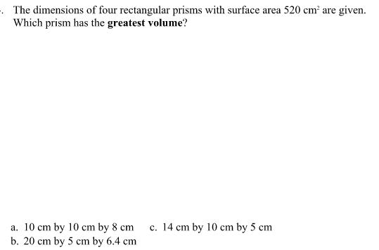 The dimensions of four rectangular prisms with