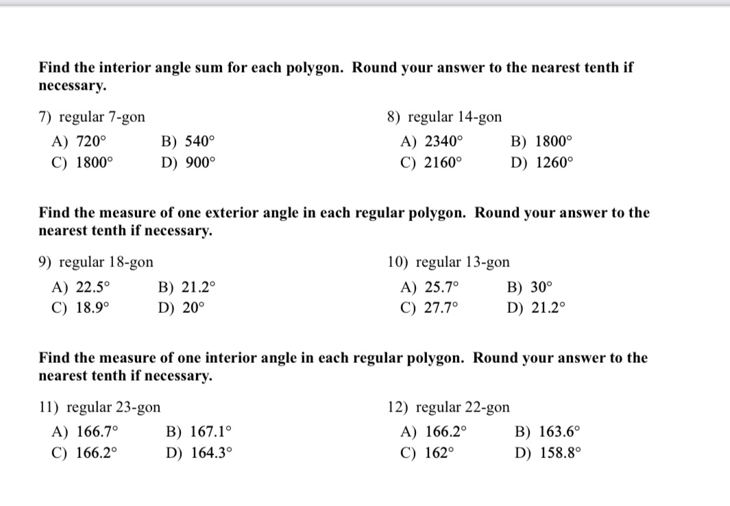 Find the interior angle sum for each polygon.