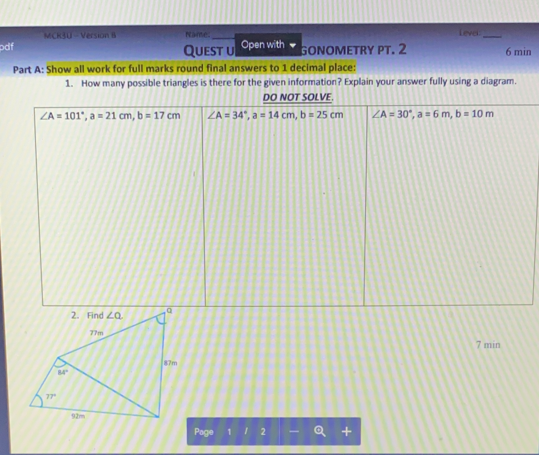 MCRJU Version B Name. Levels odf QUEST U Open