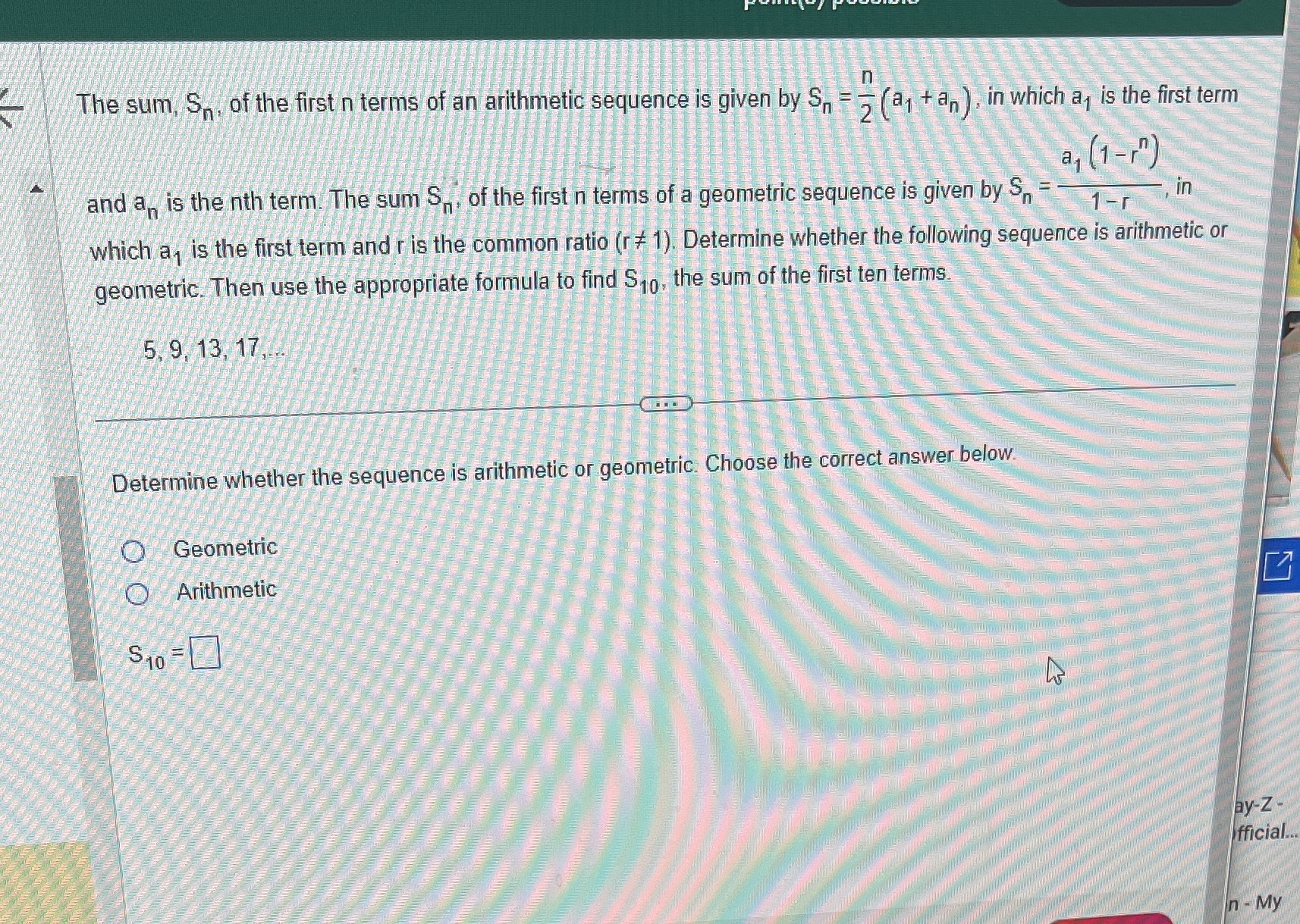 The sum, S,, of the first n terms of an