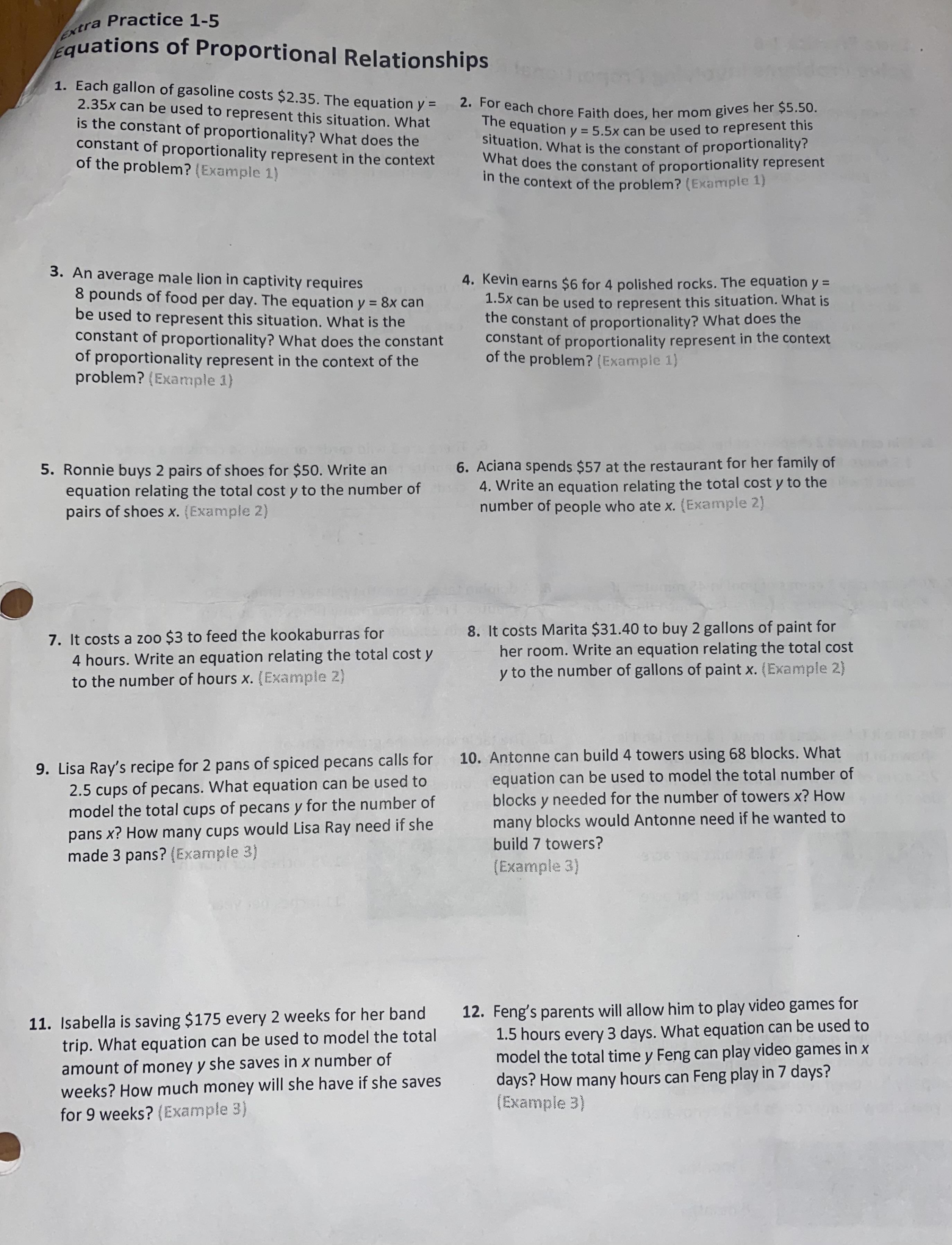 Extra Practice 1-5 Equations of Proportional