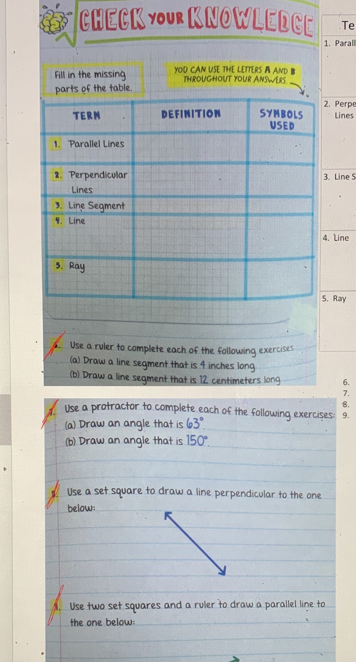 40 CHECK YOUR KNOWLEDGE Te 1. Parall Fill in the