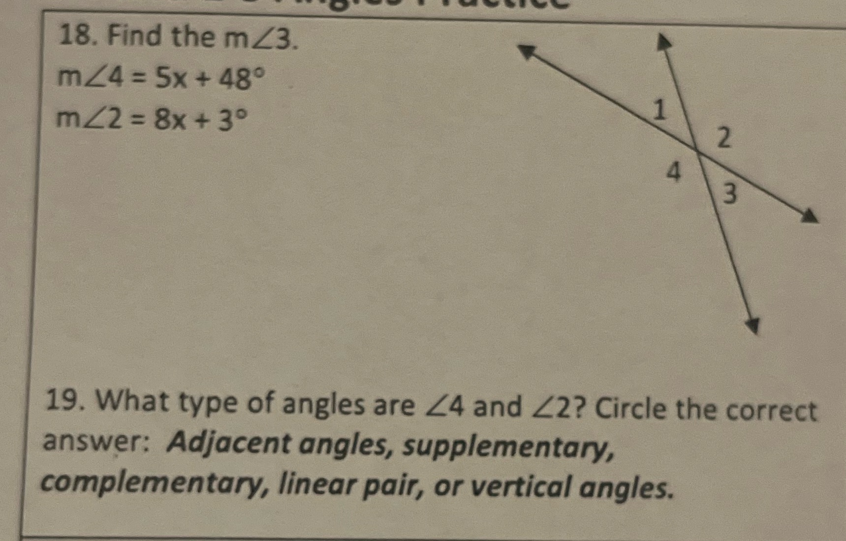 can you solve me the problem ? 18. Find the m <3.