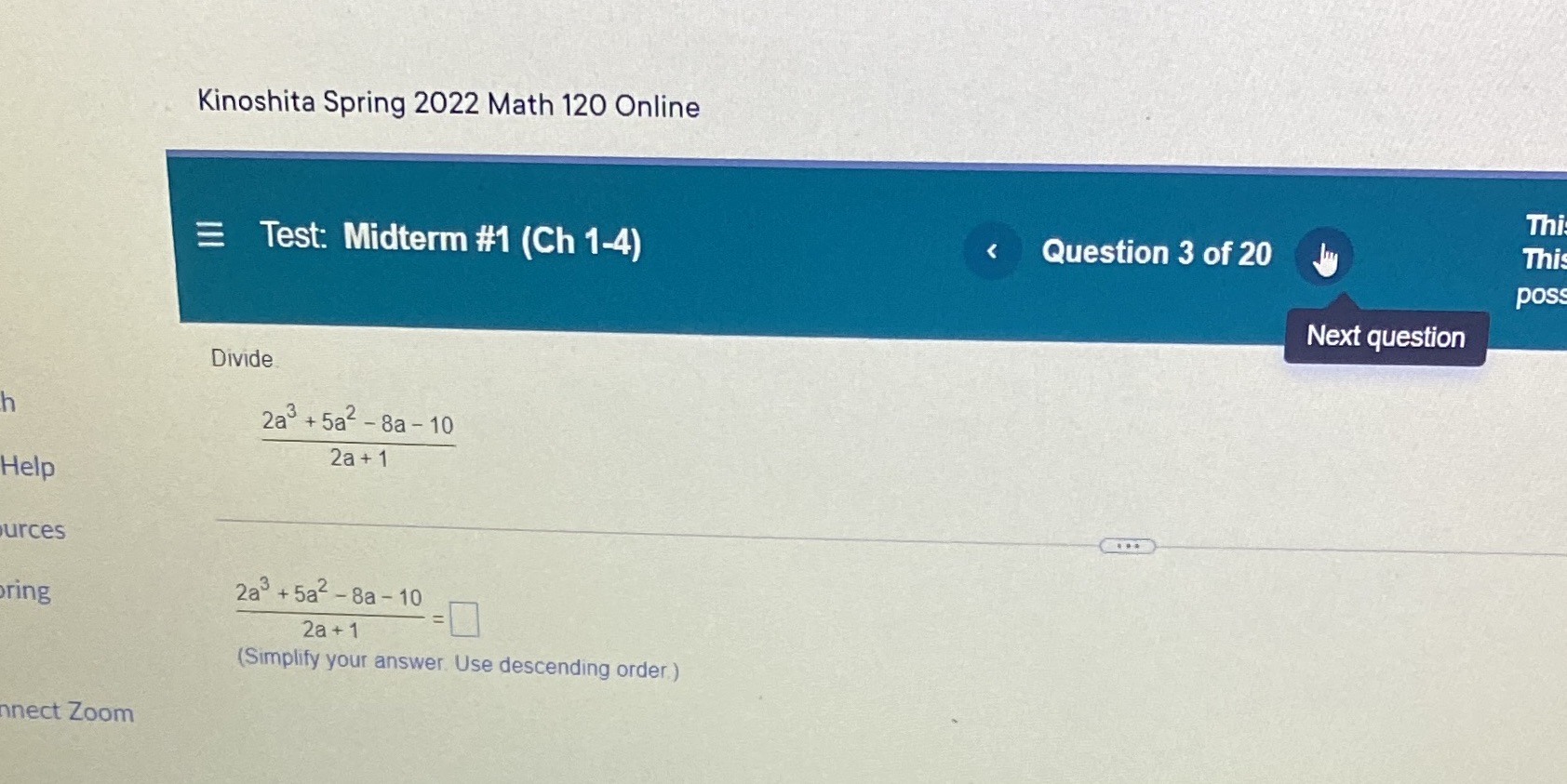 Kinoshita Spring 2022 Math 120 Online Thi E Test: