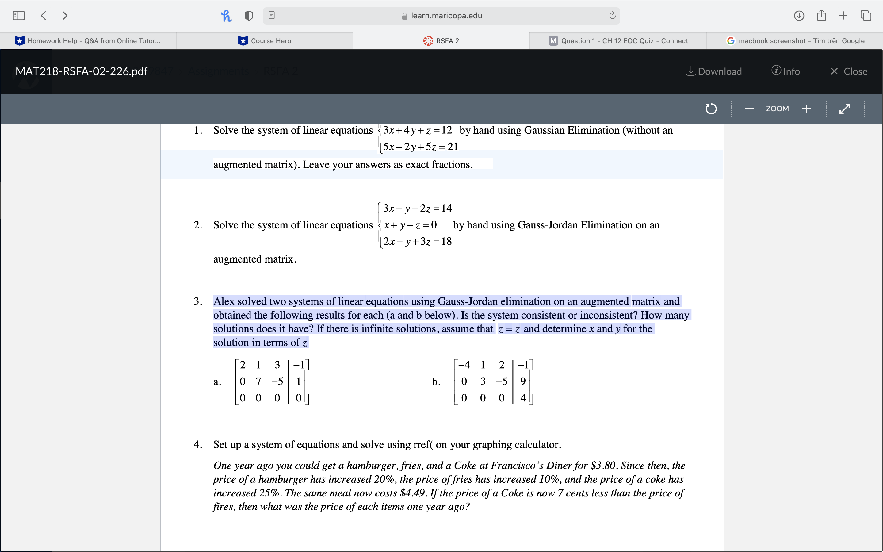 Alex solved two systems of linear equations using